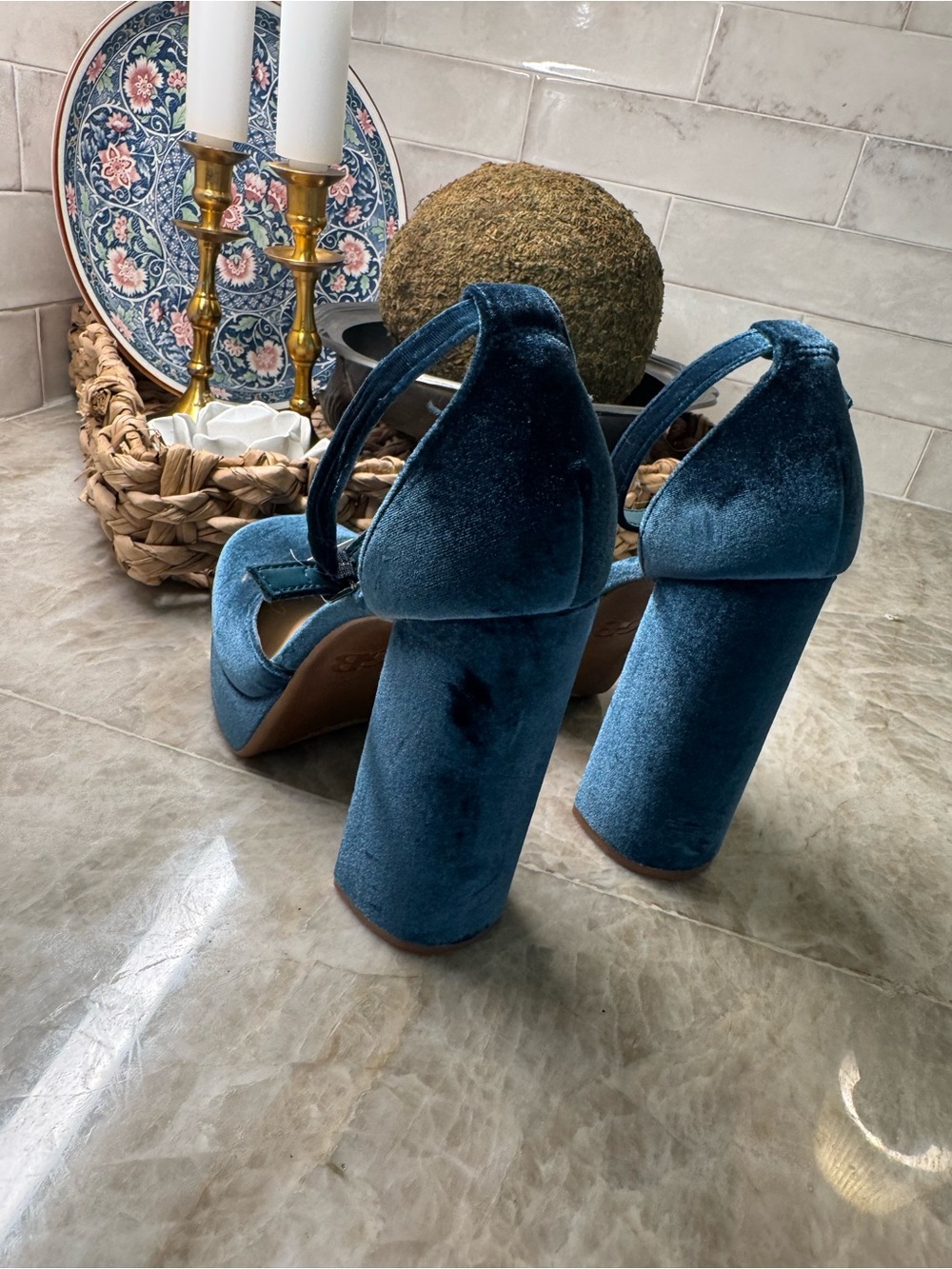 Gianni Bini Blue Velvet Platform Block Heels - Picture 6 of 7
